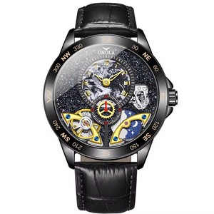 Reloj Mecánico Automático de Lujo para Hombre ONOLA 3868, Esfera con Diseño de la Tierra, Bisel con Brújula y Cielo Estrellado, Correa de Cuero - Product Image 3