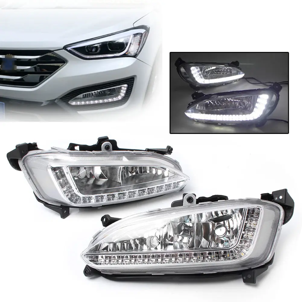 2PCS Left+Right Car LED DRL For Hyundai Santa Fe IX45 2013 2014 2015 Front Bumper Fog Lamp Daytime Running Lights Headlight