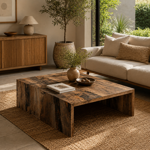 Mesa de Centro de Madera Reciclada Sostenible Personalizada, Diseño en Cascada, Hecha a Mano, de Madera Maciza para Espacios de Hogar de Lujo - Product Image 1