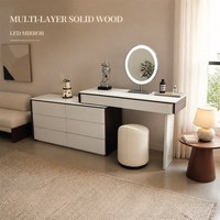 Ensemble coiffeuse avec armoire latérale à 6 tiroirs, miroir LED à 3 couleurs de lumière, coiffeuse en bois multicouche à ouverture par pression pour chambre à coucher