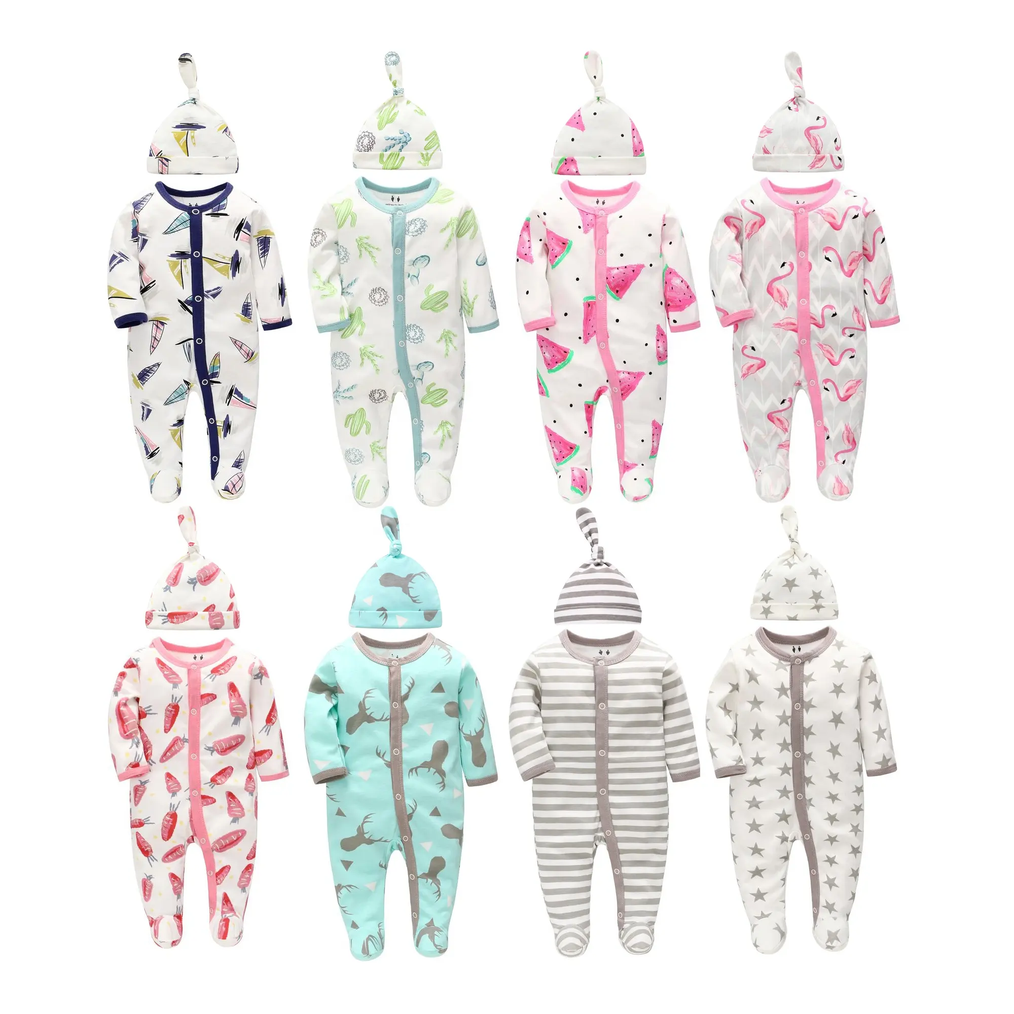 Factory Wholesale Baby Rompers With Hat Printed Baby Clothes Pajamas Set Long Sleeve Newborn Baby Clothing set girl bodysuit