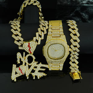 Ensemble de bijoux en alliage d'or et d'argent et strass, style hip-hop, avec pendentif <span class=keywords><strong>NOLOVE</strong></span>, collier, bracelet et montre en quartz rouge, en stock usine - Product Image 4