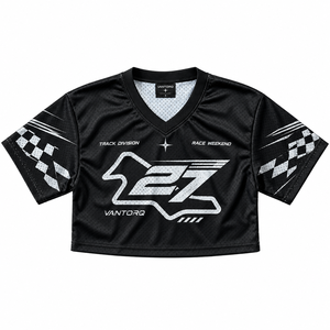 Womens V <b>Neck</b> Cropped Racing <b>Fan</b> Jersey Mesh Short Sleeve Drop Shoulder Custom Sublimation Track Graphic Motorsport Polyester - Product Image 3