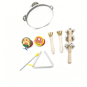 Juego de 5 Instrumentos de Percusión Orff de Madera con Triángulo, Castañuela, Pandereta, Campana de Mano y Baqueta para Niños - Product Image 1