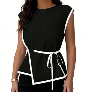 Áo kiểu peplum có dây buộc eo tương phản dành cho nữ - Áo sơ mi công sở không tay thông thường Sehe Fashion - Product Image 1
