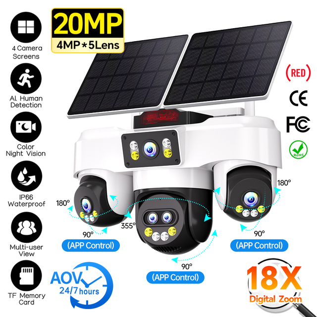 20MP Solar CCTV Outdoor Wireless Security Camera 4K Full Color Night Vision Motion Detection AI Human Tracking IP 4G PTZ Camera