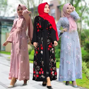 Nieuw Ontwerp Kimono Abaya Voor Moslim Meisjes Kaftan Riem Bloem Prinses Jurk Lange Mouw Bloemenprint Maxi Islamic Kleding