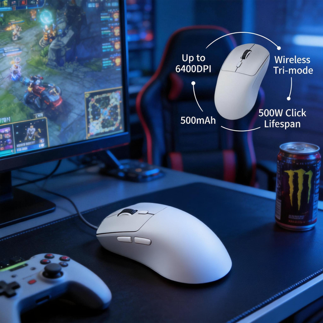 M348 OEM/Neutral Brand Wireless Gaming Mouse-Ergonomic Design Ambidextrous 7 Buttons 6400 DPI Gray-to-White Gradient