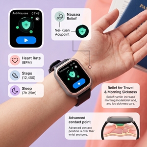 Montre connectée anti-nausée 2-en-1 en plastique et silicone avec contacts thérapeutiques, thérapie par micro-courant, portable, rechargeable Type-C, 180g, Motion - Product Image 6