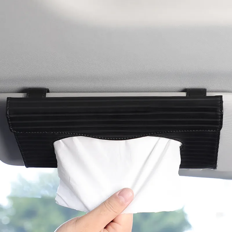 High Quality Car Tissue Box White Hanging Paper Towel Clip Sun Visor Napkin Holder Pu Leather Car Tissue Box