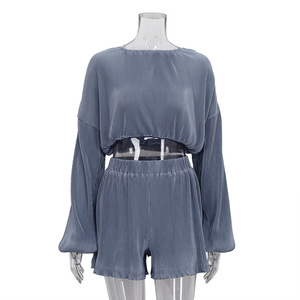 Enyami Fashion Blue <strong>Plisse</strong> Womens Two Piece Coord Suit Casual Loose Long Sleeve <strong>Top</strong> Shorts Pleated Matching Set - Product Image 5