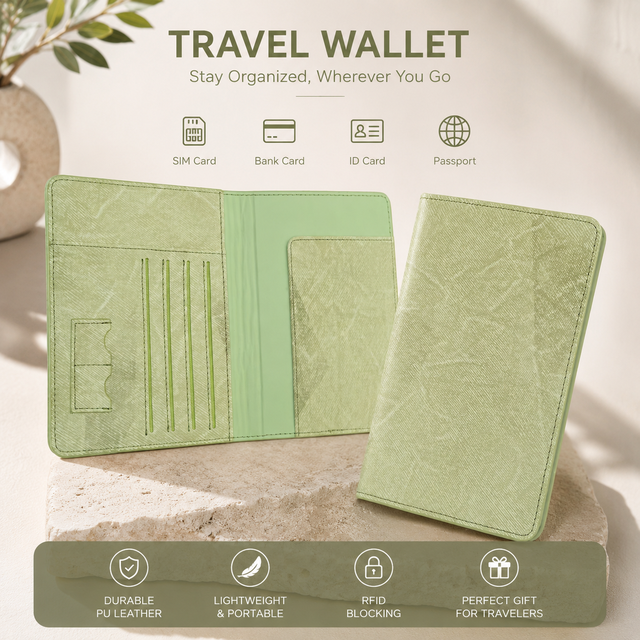 Custom PU Leather RFID Blocking Passport Wallet Waterproof Travel Wallet Case with SIM Card Slots & Document Document Sleeve