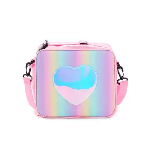 New Glitter pink Laser Lunch cooler Bag Rainbow Insulated Bag cute for girl recyclable Picnic Ice Bag with shoulder