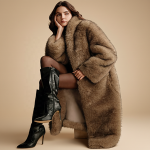 Mantel Bulu Imitasi Panjang Model Longgar Ramah Lingkungan untuk Wanita dengan Desain Pinggiran Bulu Rubah dan Kerah Lipat untuk Musim Dingin - Product Image 2