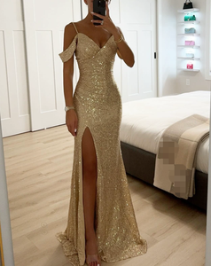 Abito da sera elegante da donna 2026 con scollo a V e paillettes lucide - Vestito lungo slim fit a tinta unita con spacco, perfetto per <span class=keywords><strong>le</strong></span> serate - Product Image 6