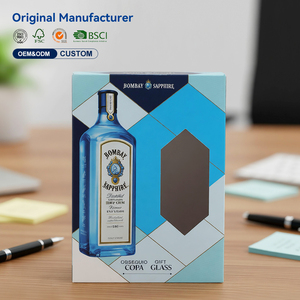 Boîte en carton bleue à motifs géométriques pour coffrets cadeaux de gin <span class=keywords><strong>Bombay</strong></span> Sapphire avec fenêtre de présentation et illustrations thématiques - Product Image 1