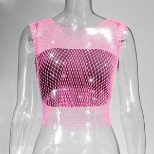Débardeur sexy en <span class=keywords><strong>maille</strong></span> transparente pour <span class=keywords><strong>femme</strong></span>, orné de strass brillants, style résille ajourée, crop top, idéal pour la plage, les soirées et les clubs - Product Image 2