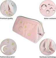 Logo personnalisé lune étoiles soleil rose maquillage résistant à l'eau velours broderie maquillage brosse sac stockage fermeture éclair cosmétique pochette