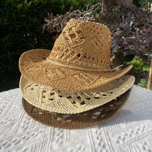 Chapeau de paille d'été classique vintage fait main à large bord ajouré style western, idéal pour la pêche, la randonnée et les activités de plein air pour femmes et hommes - Product Image 1
