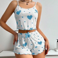 Ensemble de Pyjama Femme 2 Pièces : Débardeur Court et Short Doux Décontracté Imprimé Cœur S M L