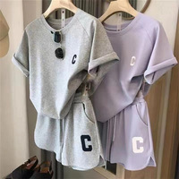 Set 2 Potong Piyama Pendek Wanita Musim Panas, Kaos Lengan Pendek Longgar, Celana Pendek Kasual Bermotif Huruf, Bahan Poliester, Ukuran Besar