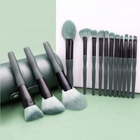 Ensemble complet de 14 pinceaux de maquillage haut de gamme vert foncé, manche incurvé, poils doux, pour fard à joues rose et fard à paupières, idéal pour les débutants