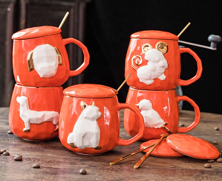 Creative Custom 3D Embossed Animal Design Ceramic Water Cup Bulk Cheap  Price Porcelain Coffee Mug With Spoon Set for Home Office