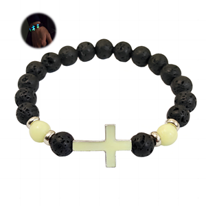 Pulsera Luminosa Vintage de Roca Volcánica Multicolor con Cuentas de Cruz Religiosa - Product Image 1