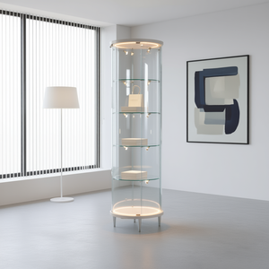 Vitrine ronde en verre trempé 56x190 cm, blanc brillant, gris clair, vitrine incurvée avec éclairage LED, étagères réglables - Product Image 3