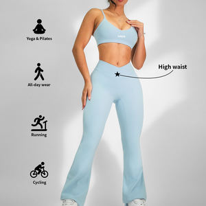 OEM样品女性高品质两件套健身瑜伽穿健身打底裤运动上衣文胸瑜伽裤套装 - Product Image 4