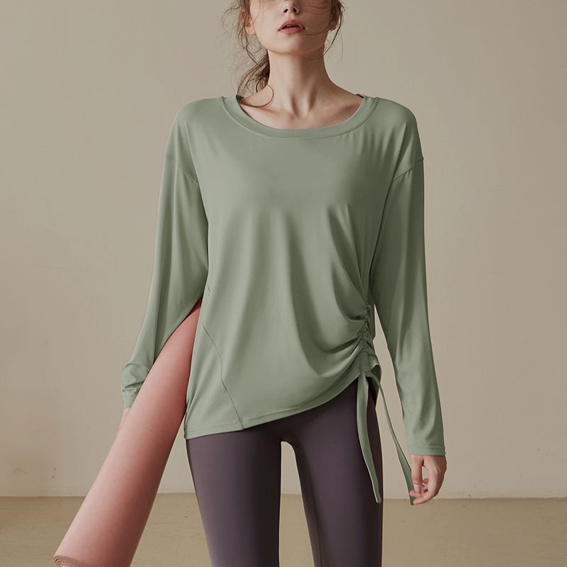 Women's Long Sleeve Casual Outdoor Sports T-shirt Autumn Moisture-wicking Side Scrunch Drawstring Fitness Shirts Yoga Top