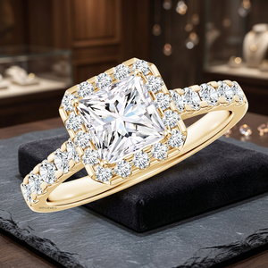 Bague de fiançailles en diamant de laboratoire IGI, taille princesse, avec halo, plaqué rhodium, or 10K 14K 18K, argent 925, cadeau d'anniversaire - Product Image 1