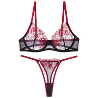 Set Lingerie Wanita Grosir, Bra Kawat dengan Renda dan Thong 2-Piece, Bordir 3D, Bahan Mesh Tipis Bernapas, Warna Merah Seksi, OEM ODM