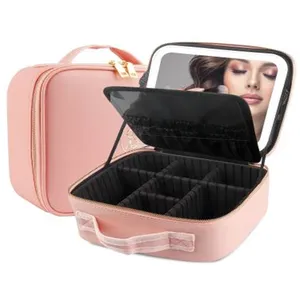 Hot sales Pu waterproof Makeup Case With Led Mirror Makeup bag With Adjustable Dividers