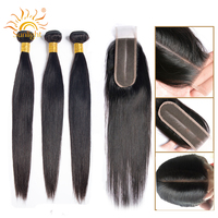 Bundles de cheveux raides brésiliens avec 2*6 fermeture partie centrale Remy cheveux lumière du soleil 2*6 fermeture transparente avec vague de cheveux # 1B