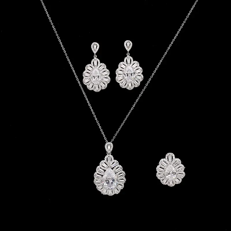 Fashionable Daily 3 Pcs Set Earrings Ring Jewelry Sets 18K Gold Plated Micro Pave Cubic Zirconia CZ Geometric Necklace Set Women