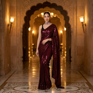 Sari Tradicional Étnico de Seda con Bordado de Lentejuelas y Blusa de Georgette, Estilo Clásico y Elegante, al Mejor Precio - Product Image 2