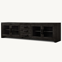 Meuble TV Rhoohill sur mesure pour salon, en bois massif, avec 4 portes vitrées et tiroir, console multimédia longue en bois de style vintage américain