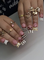 Faux ongles à presser papillon rose pailleté, couvrance totale, en acrylique, forme ovale moyenne, avec colle et lime