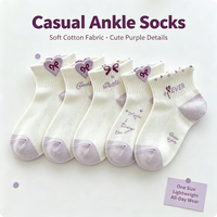 Chaussettes courtes en coton pour femmes, motif cœur violet et nœud, respirantes, décontractées, style japonais, vente en gros sur mesure