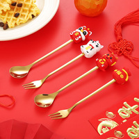 Ensemble cuillère et fourchette mascotte en acier inoxydable doré, cuillère à café, fourchette à fruits, coffret cadeau, vaisselle, logo personnalisé, vente en gros