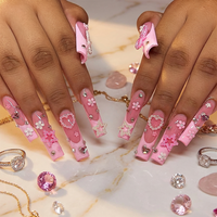 Faux ongles à presser de qualité supérieure, longs, forme cercueil, avec breloques 3D, nœuds et perles, pour fêtes, vente en gros