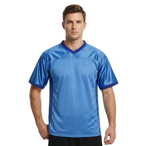 Maillot de football unisexe bleu à col en V, manches courtes, imprimé sur le devant, en mesh, respirant, coupe classique, vêtement d'été - Product Image 1