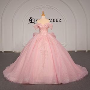Vestido de Quinceañera Rosa de Lujo Xybb09-Pz, Vestido de Gala con Cuentas y Lentejuelas, Hombros Descubiertos, Lazo Grande, Cola Larga, Estilo Princesa, Jancember - Product Image 6