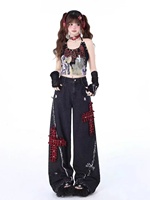 Pantalon en jean déchiré coupe large style rock punk pour femme, nouveau design tendance, taille haute, ample et fluide, jambe droite, longueur ras du sol