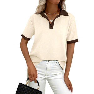 Camiseta Polo de Mujer, Color Crema, con Bloques de Color, Manga Corta, Tejida, Casual, Largo Regular, 100% Algodón, Transpirable, Estilo Polo, ODM - Product Image 1