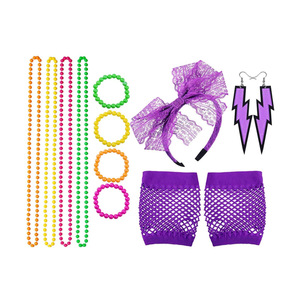 Conjunto de accesorios de disfraz para mujer de los años 80: collar de cuentas de neón, pulsera, diadema de encaje, pendientes de rayo y guantes de rejilla para fiesta de graduación - Product Image 4