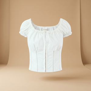 Chemisier court à manches courtes pour femme, blanc uni, 100 % coton popeline, boutonné, respirant, style Prairie Chic, printemps-été, décontracté - Product Image 3