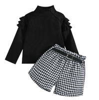 Ensemble 3 pièces pour bébé fille, nouveau style d'automne, haut à col haut uni tendance et décontracté + short pied-de-poule