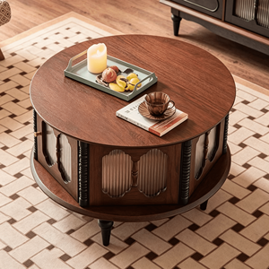 Vintage Round Wooden Coffee <b>Table</b> with Fluted Glass <b>Storage</b> Cabinet for Living Room - Product Image 2